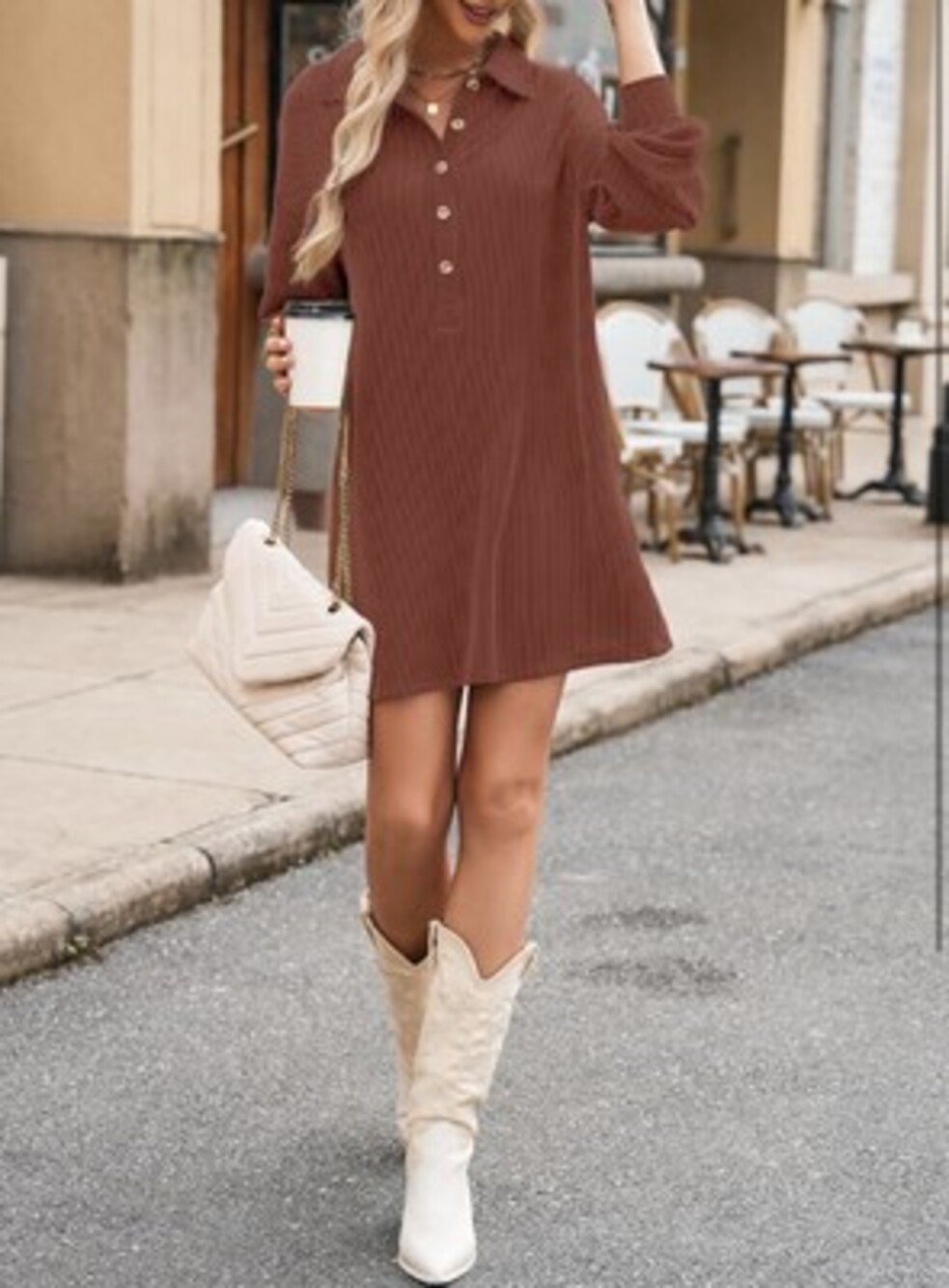 AlvaQ Womens Long Sleeve Dress Loose Button Front Lapel Collared Ribbed-SIZE M